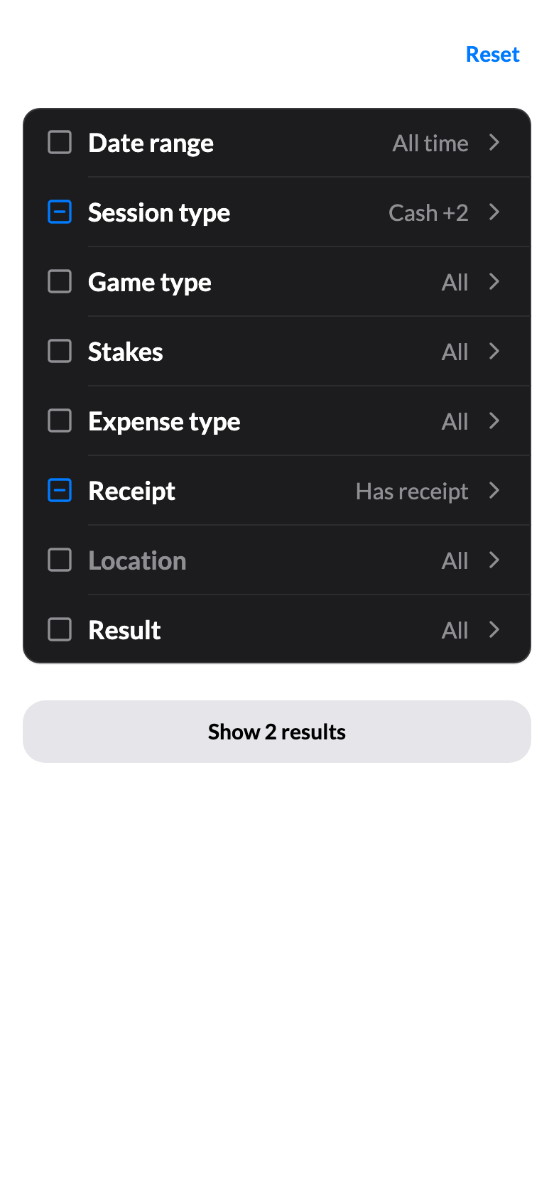 The filter with every section listed and Session type and Receipt engaged