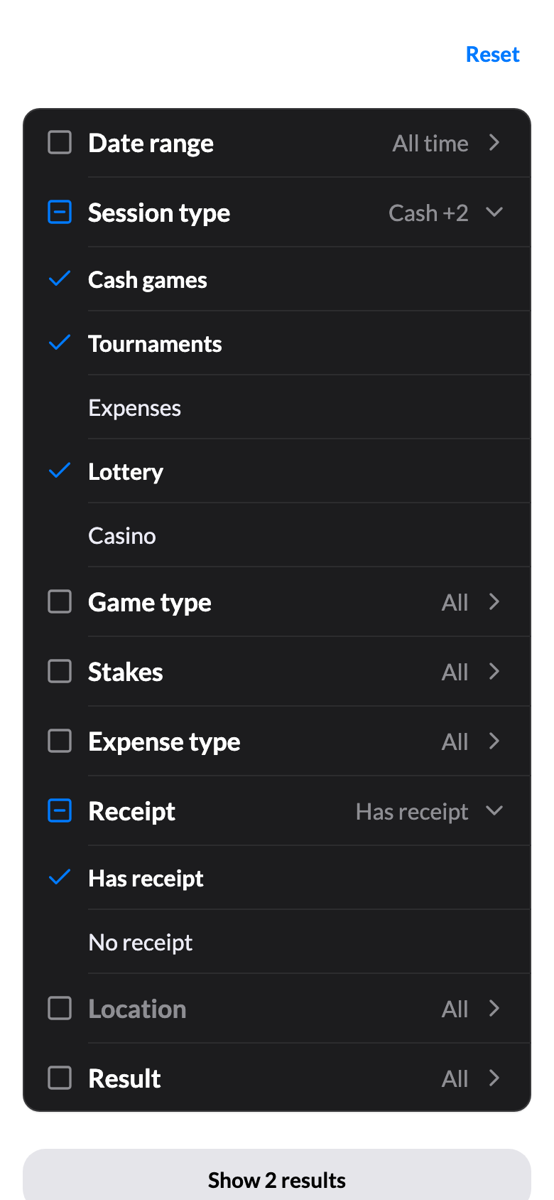 Session type open on cash games, tournaments, and lottery, with the receipt section engaged