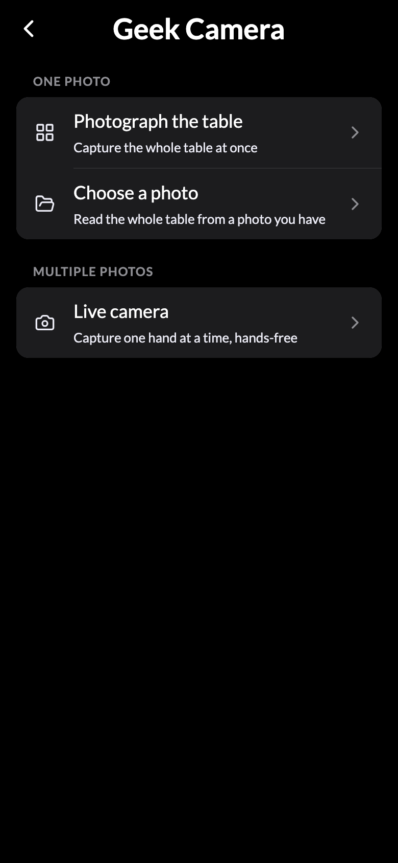 The camera chooser: Photograph the table and Choose a photo under One photo, Live camera under Multiple photos