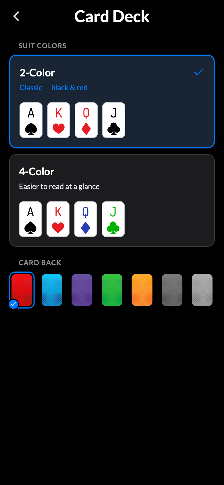 Card deck settings in dark mode