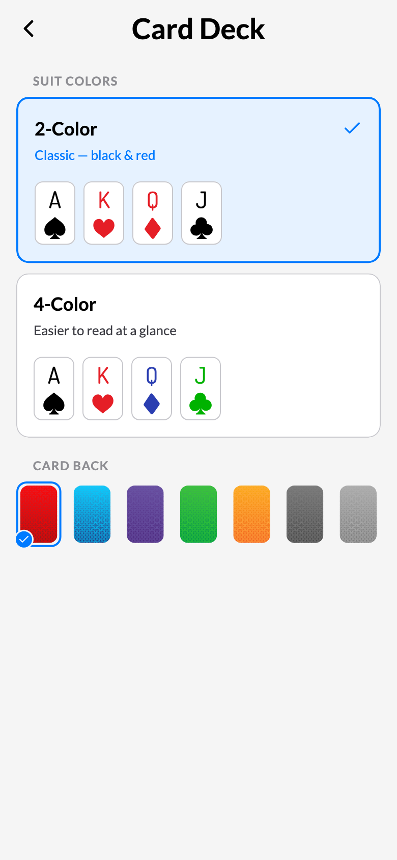 Card deck settings in light mode
