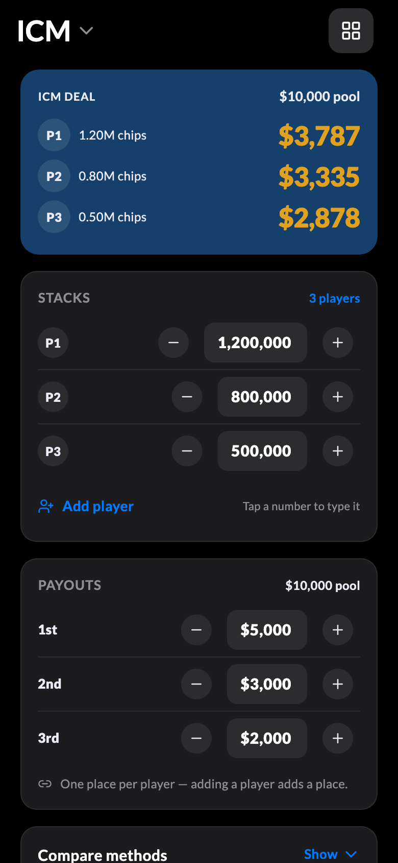 Chop calculator: an ICM final-table deal with per-player payouts and editable stacks