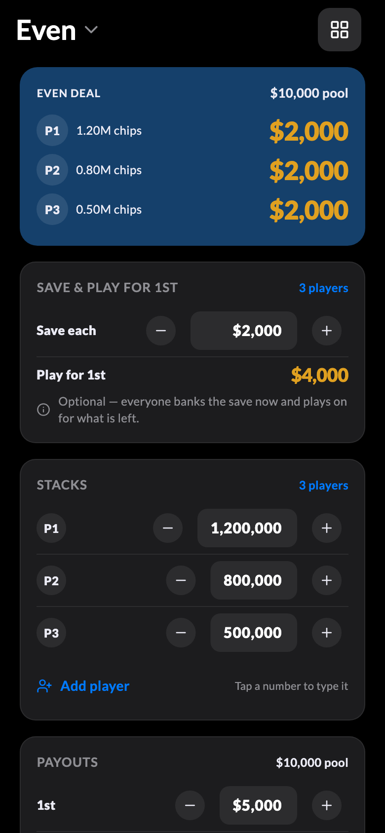 The even split’s save option — an equal amount held back, the rest still in play