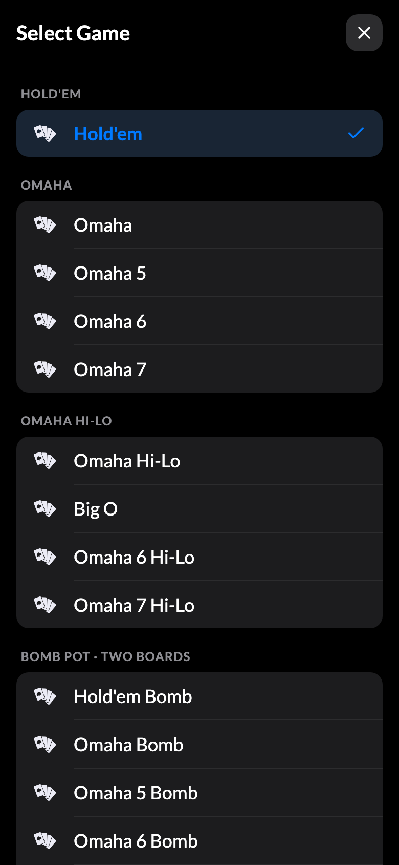 The game menu, grouped by family