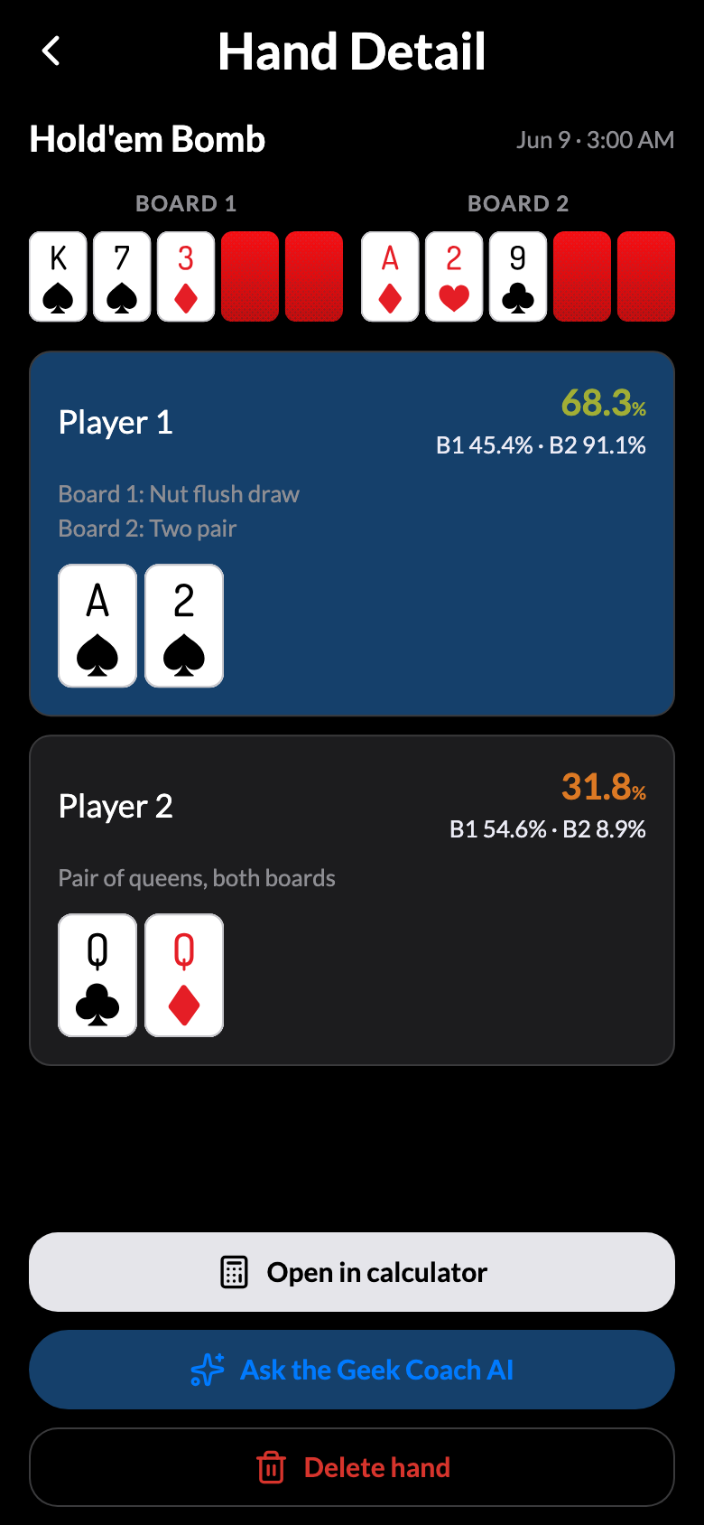Double-board bomb pot hand with per-board equities