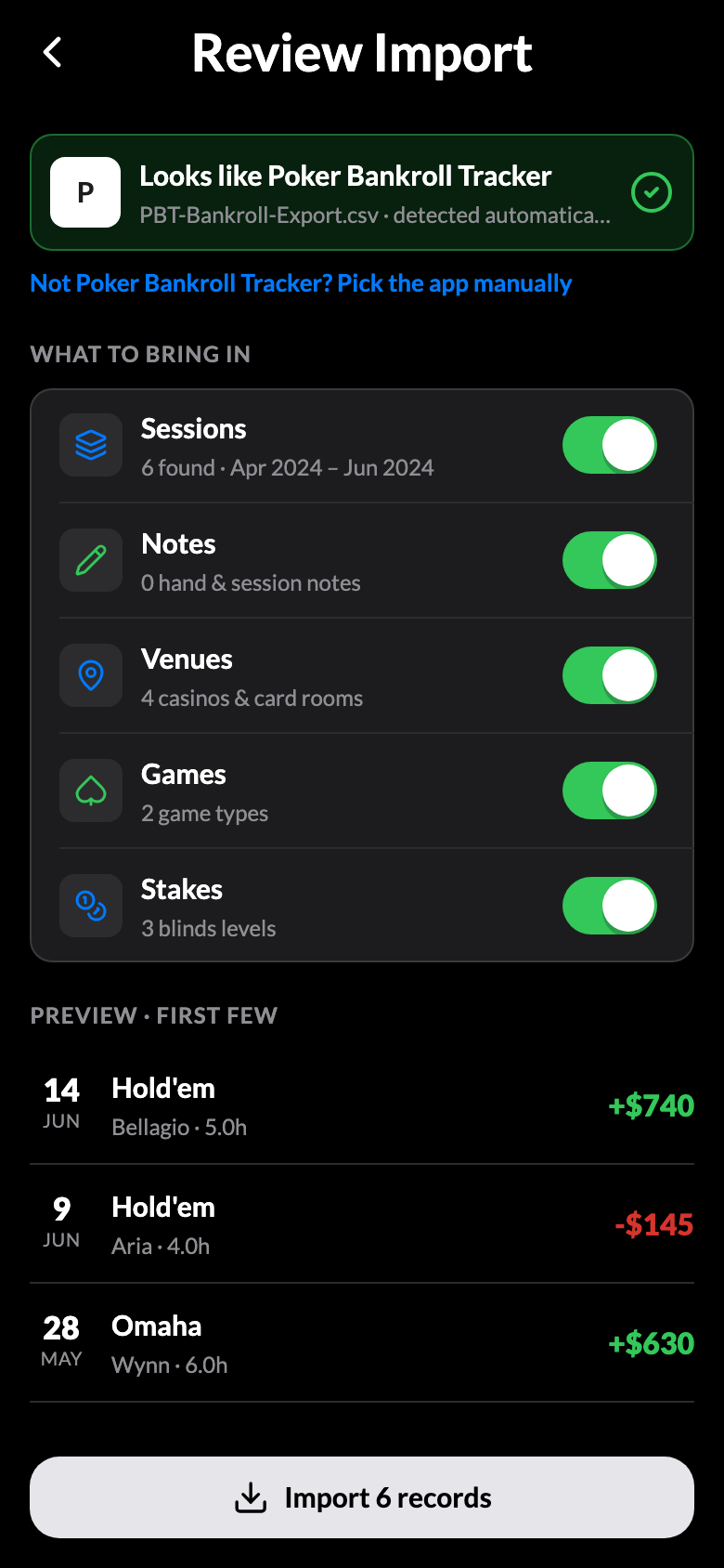 Review Import: a Poker Bankroll Tracker export detected automatically, with sessions, venues, games, and stakes to bring in and a preview of the first few sessions