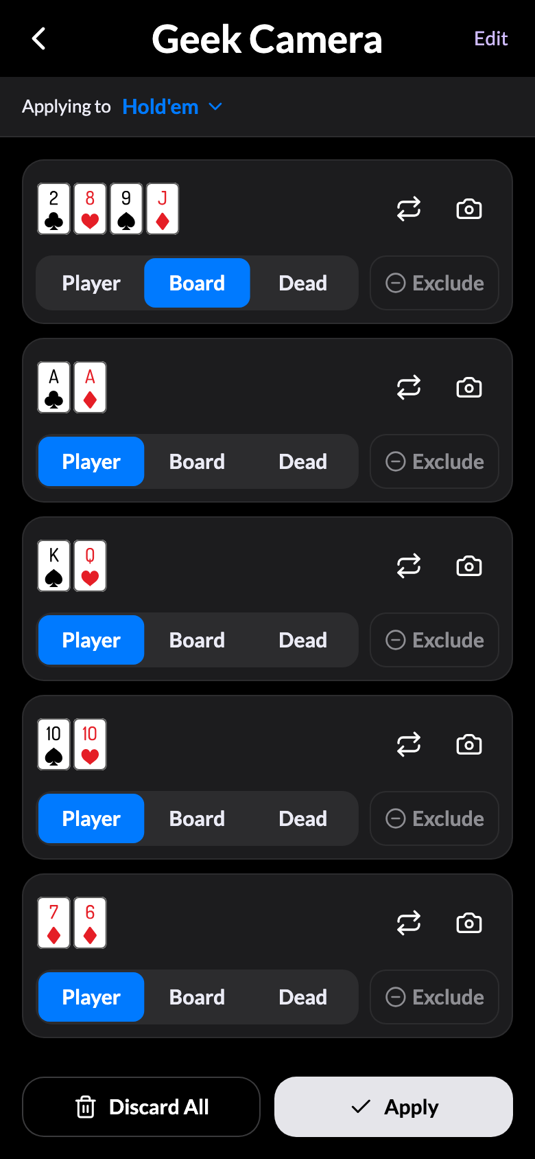 The Geek Camera review after a live session: the board and four hands assigned, ready to Apply