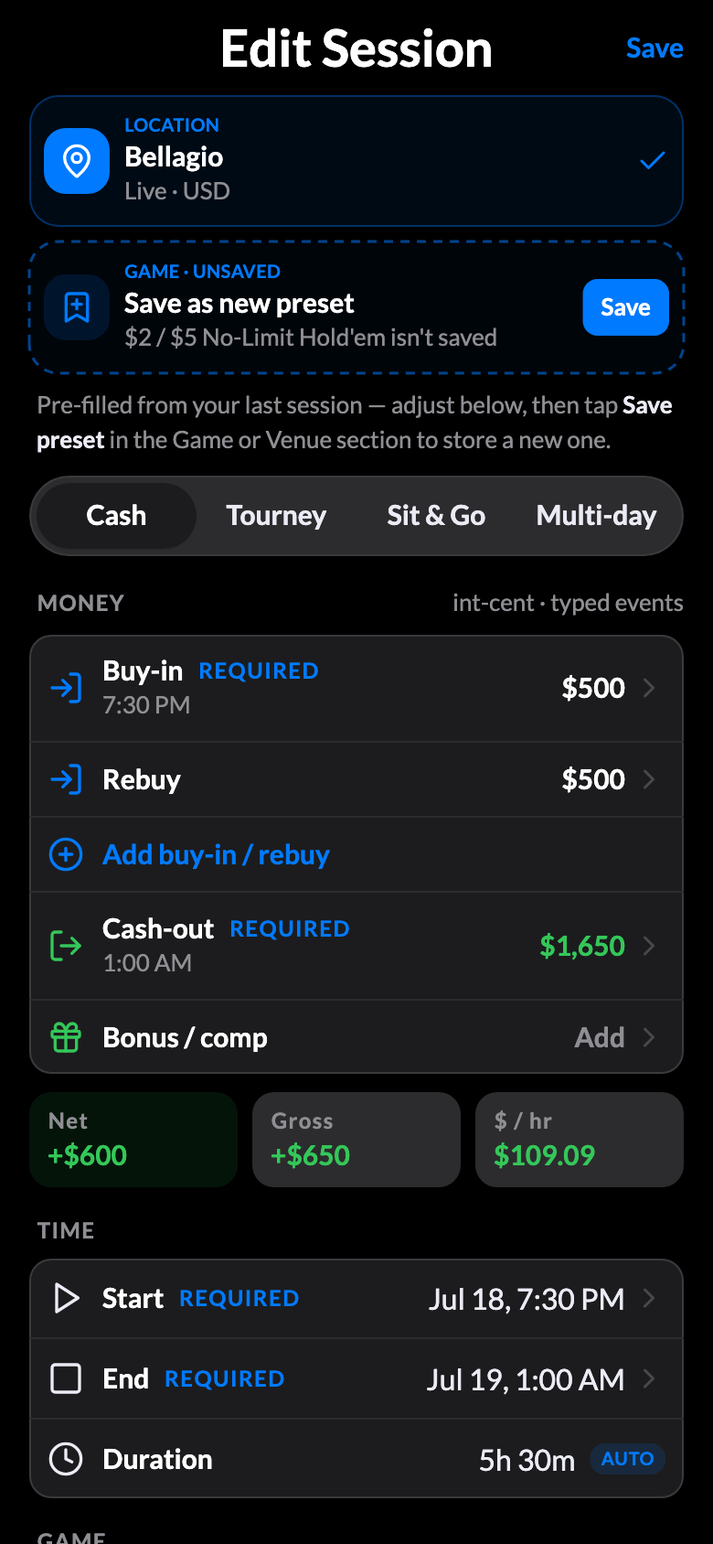 New cash session entry form
