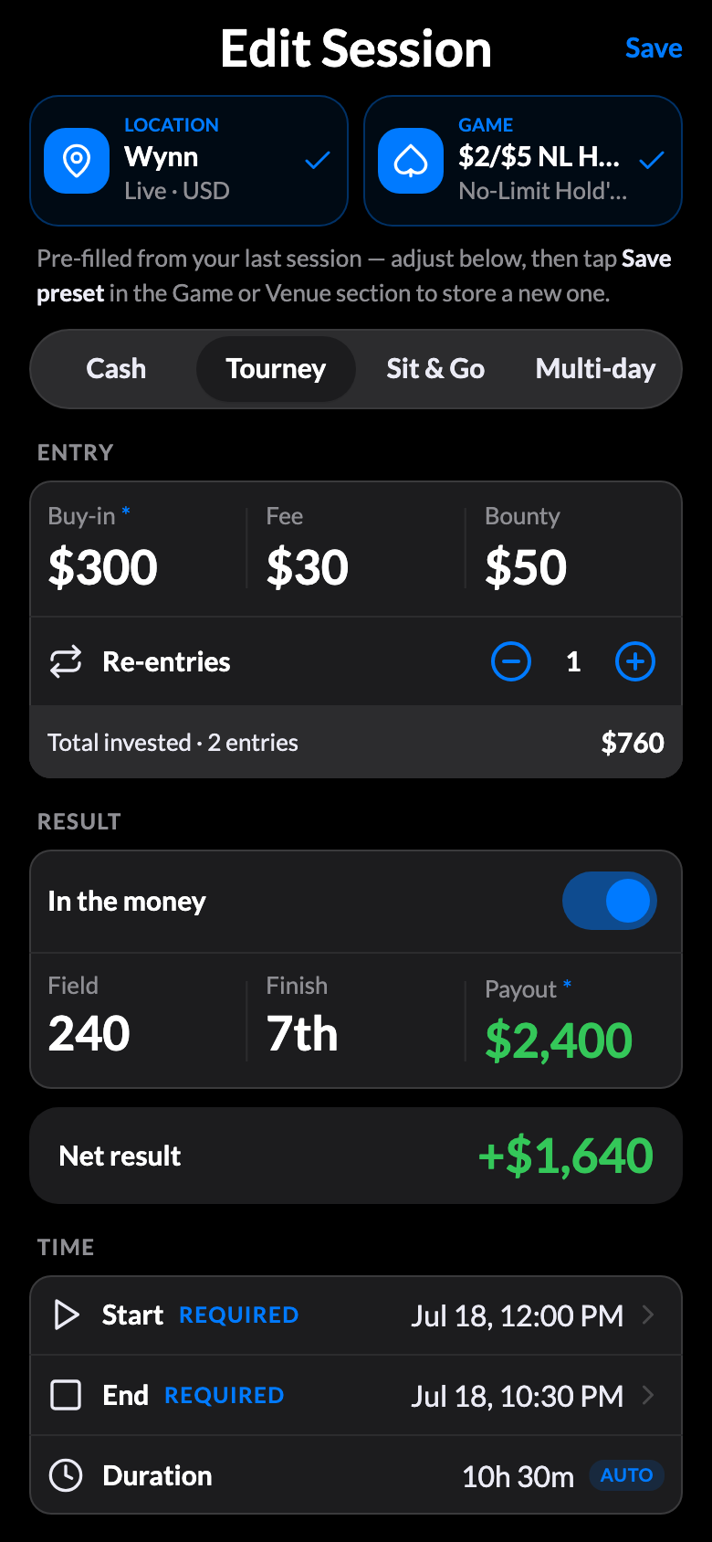 New tournament session entry form