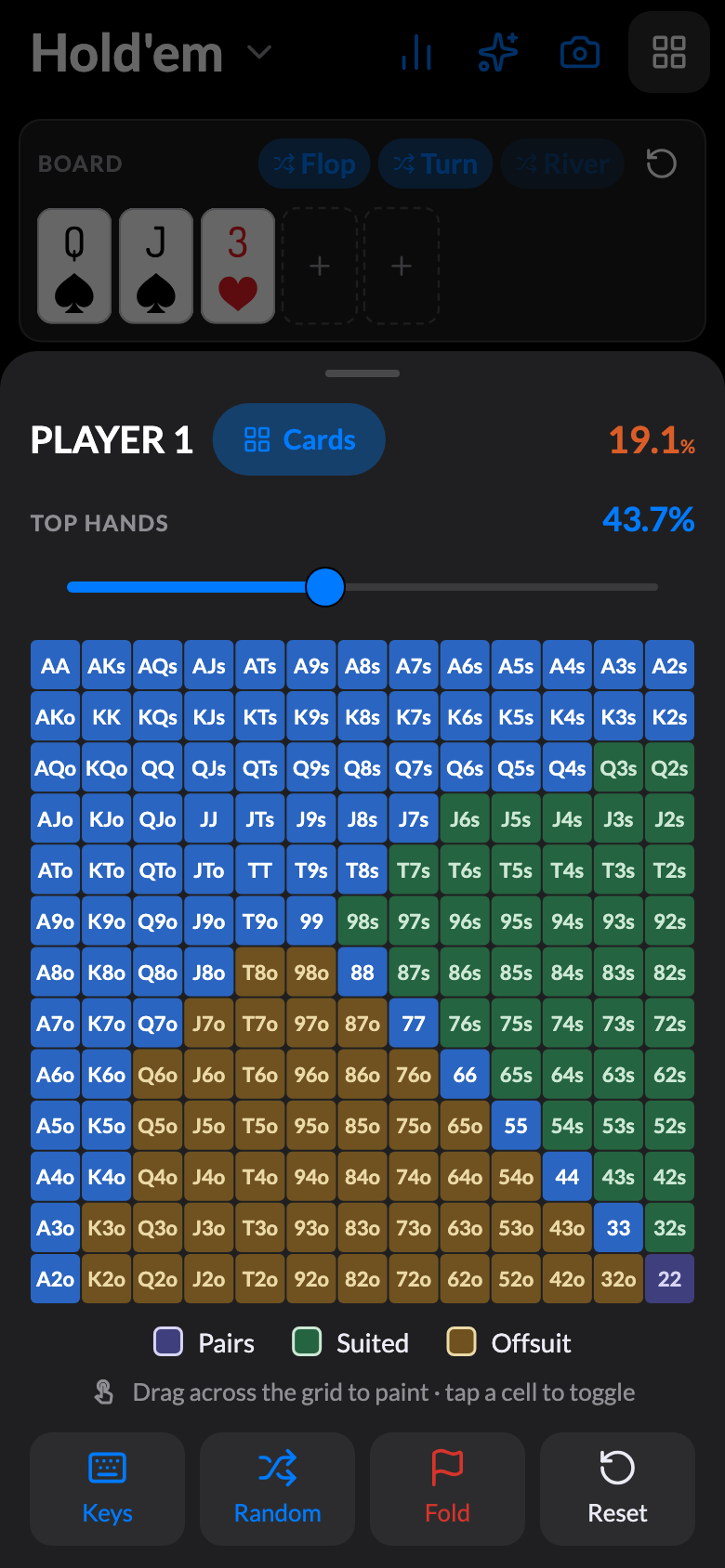 The 13×13 Hold’em range grid with a top-44% selection built