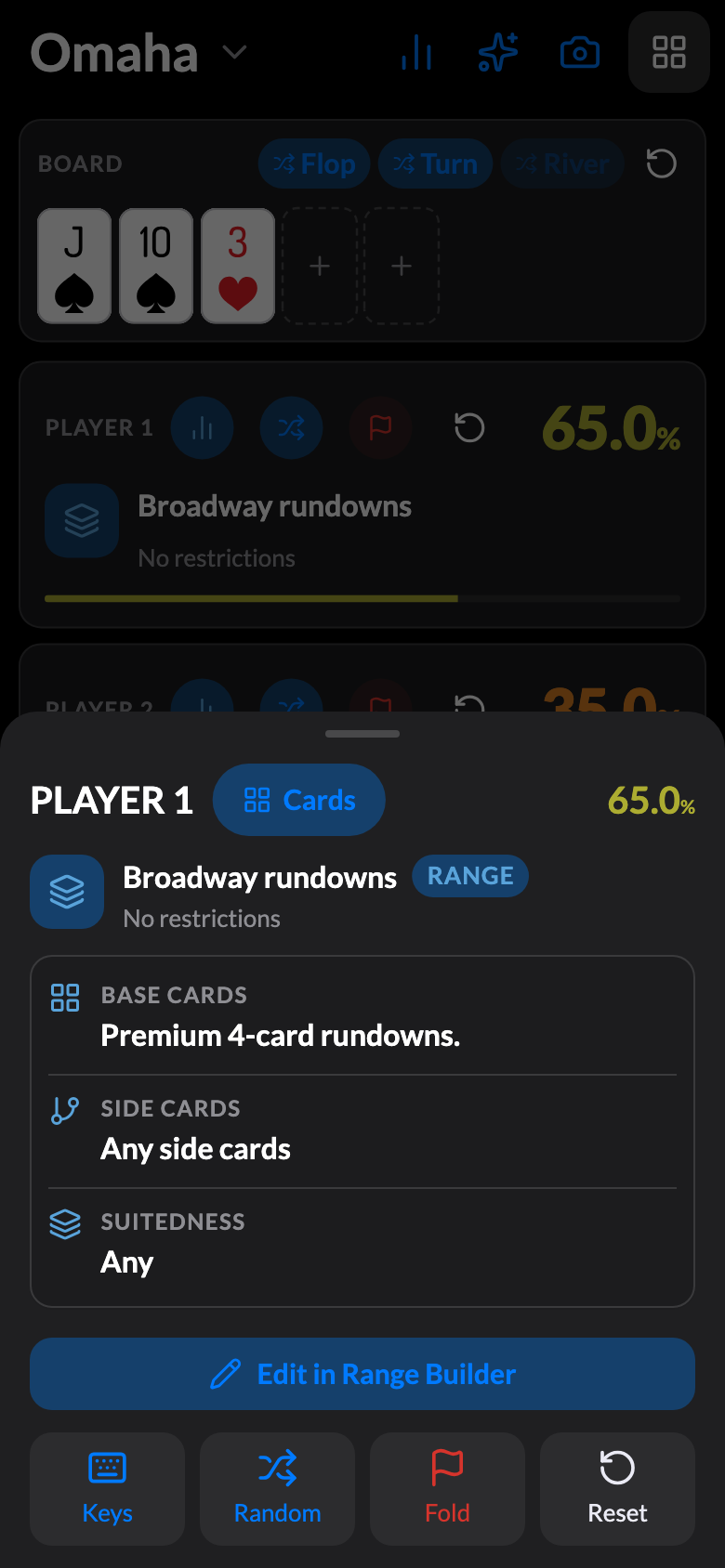 A Broadway Rundowns range on the player — truly 65% against aces here