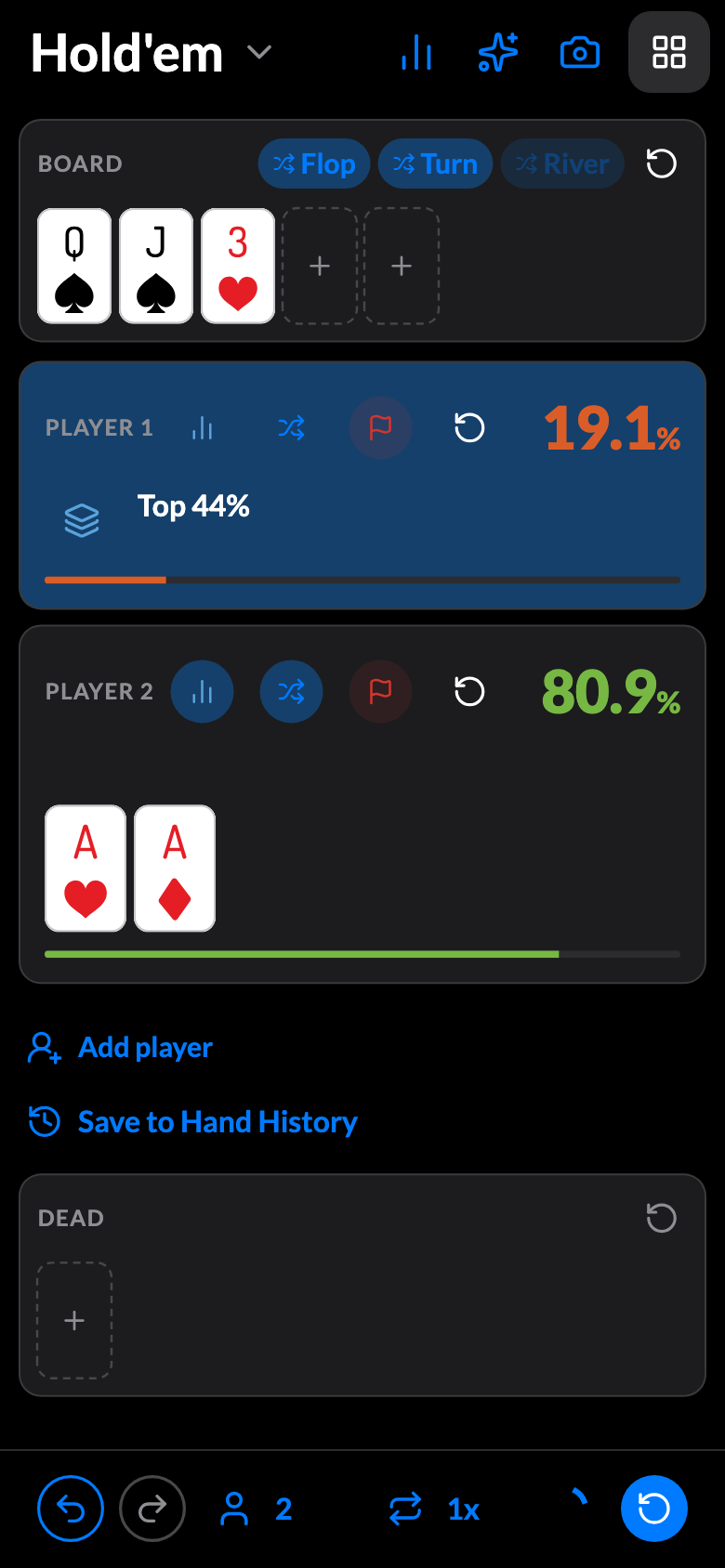 The player row carrying the built range — with its real equity vs aces
