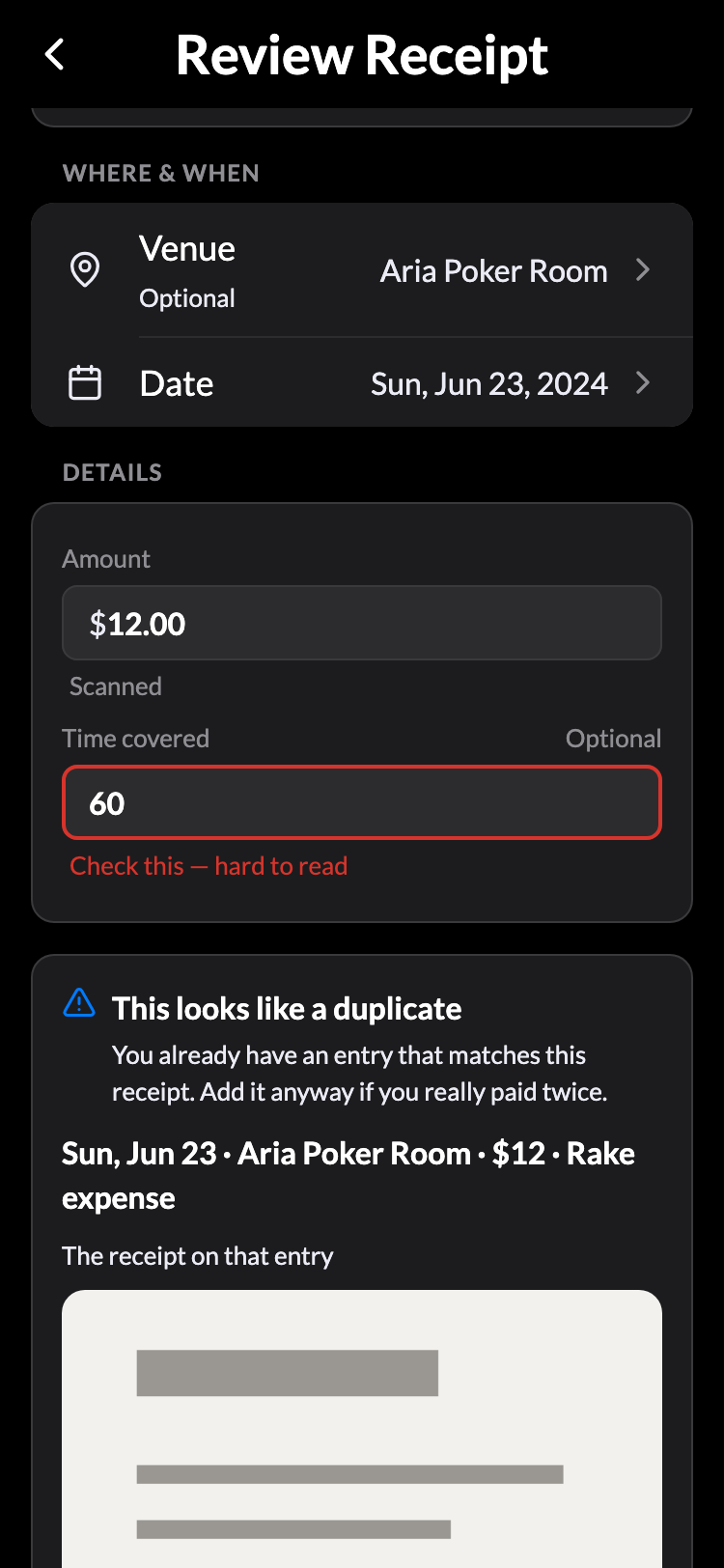 The “This looks like a duplicate” note showing the matching entry and the receipt already on it