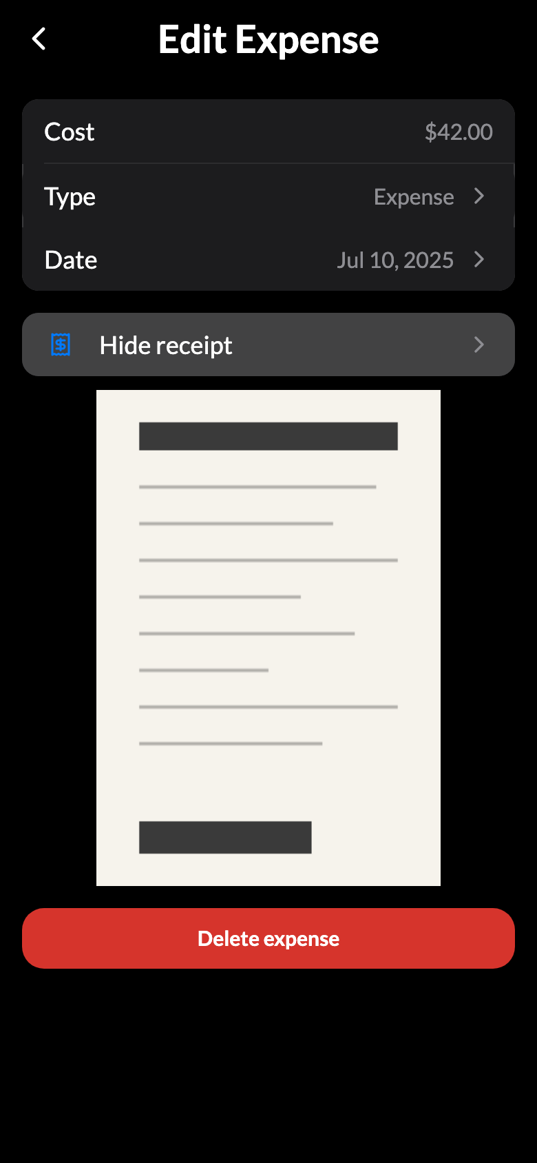 A receipt opened inline on an expense — the kind of record the export gathers up