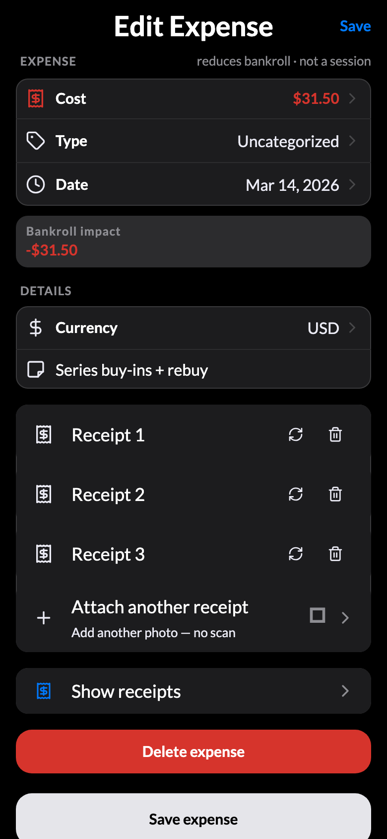 An expense carrying three receipts, each with Replace and delete, plus “Attach another receipt — no scan”