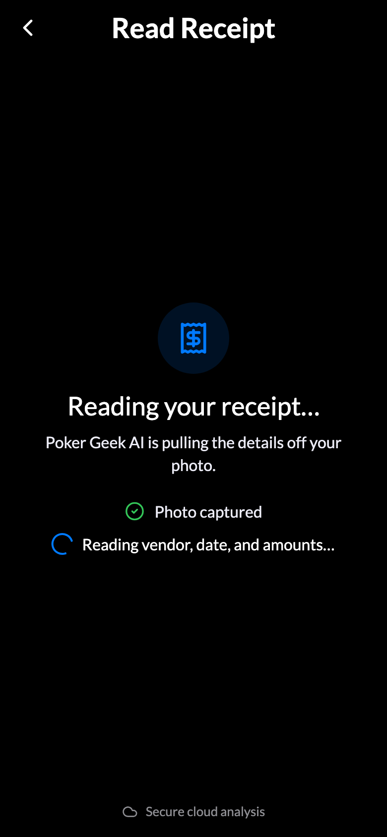 The “Reading your receipt…” screen pulling the vendor, date, and amount off a photo