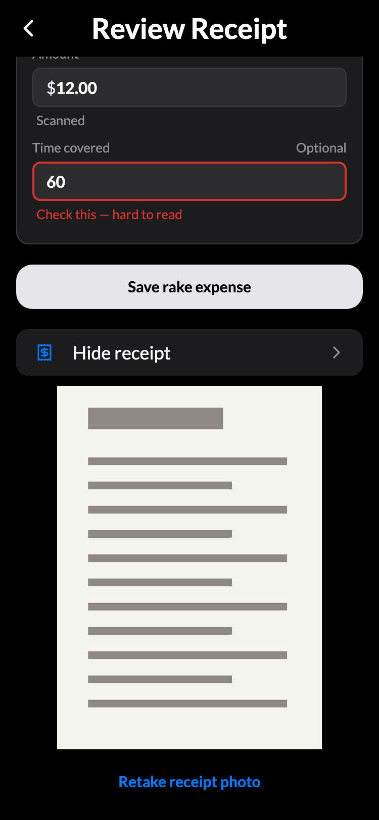 The captured receipt shown inline on the review screen, with “Retake receipt photo” beneath it