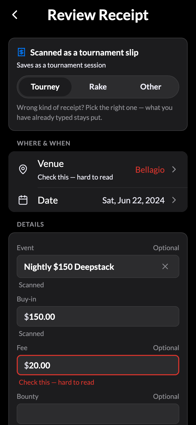The Review Receipt screen: the receipt read as a tournament slip, with venue, date, buy-in, and fee laid out to confirm