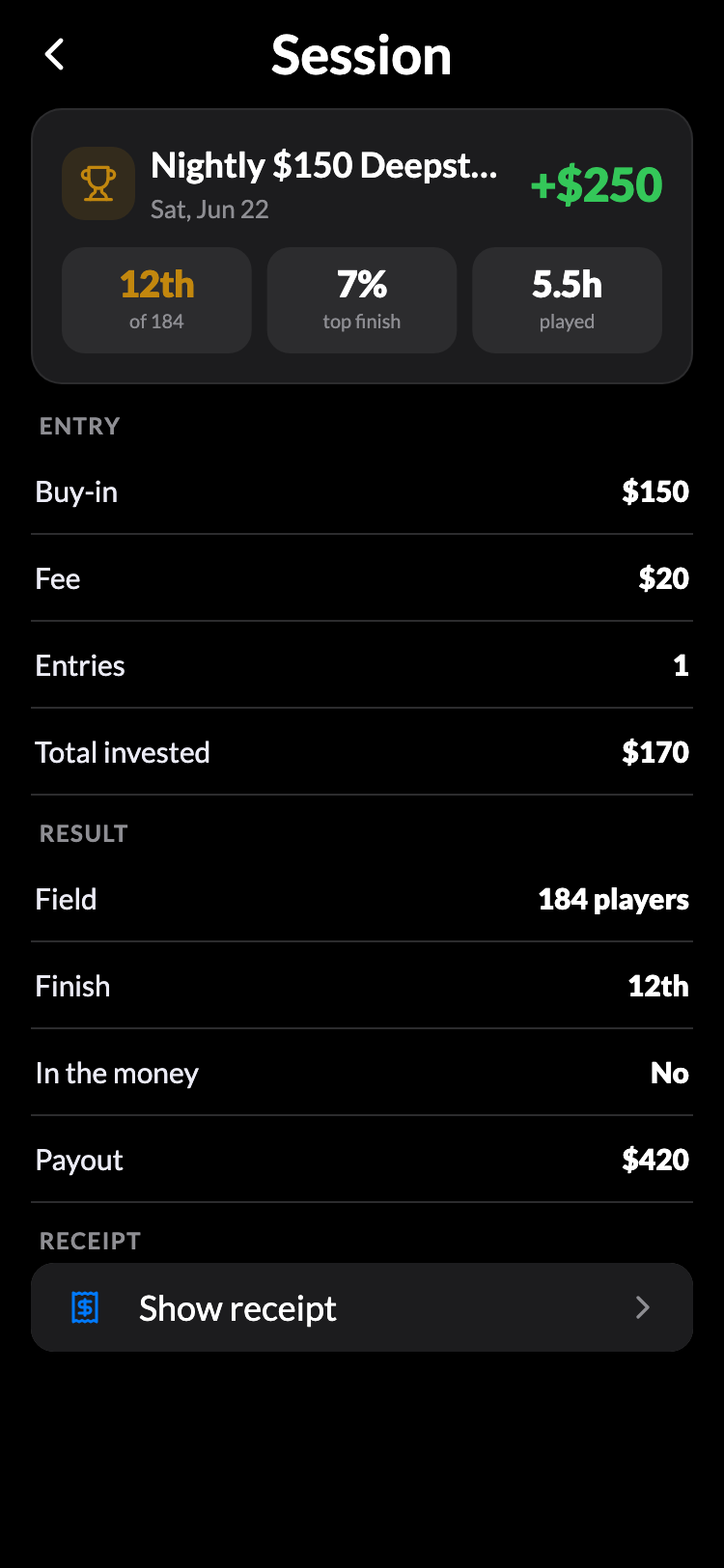 A saved tournament session with a “Show receipt” row at the bottom