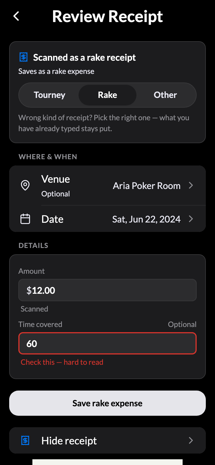 The Review Receipt screen with the Venue row bound to the saved “Aria Poker Room”