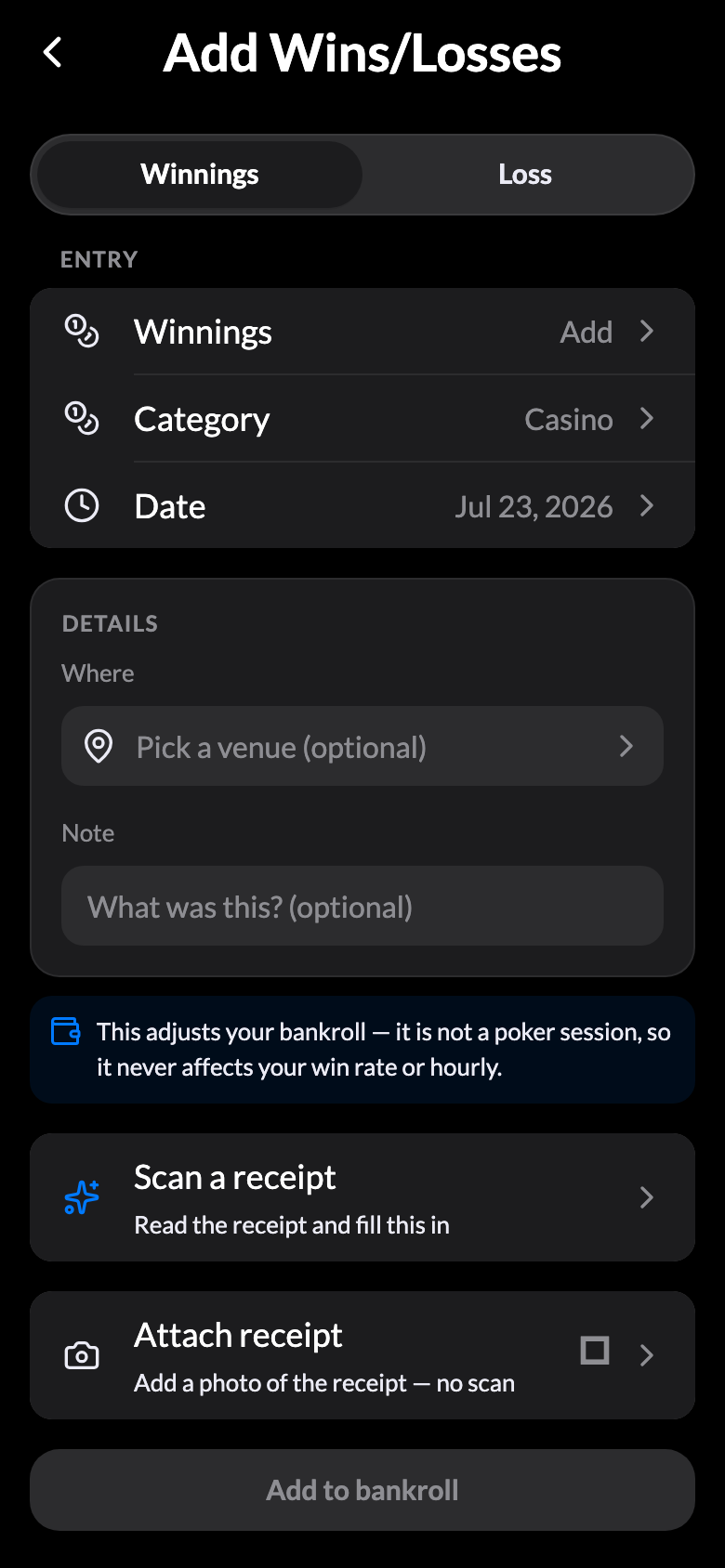 The Add Wins/Losses form with “Scan a receipt” above the no-scan “Attach receipt” button