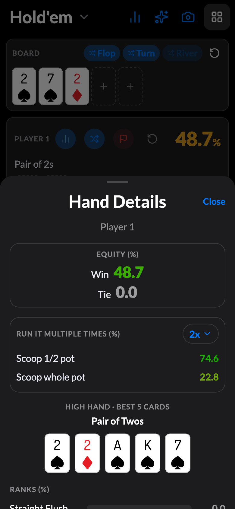 Hand Details with the run-it-twice odds