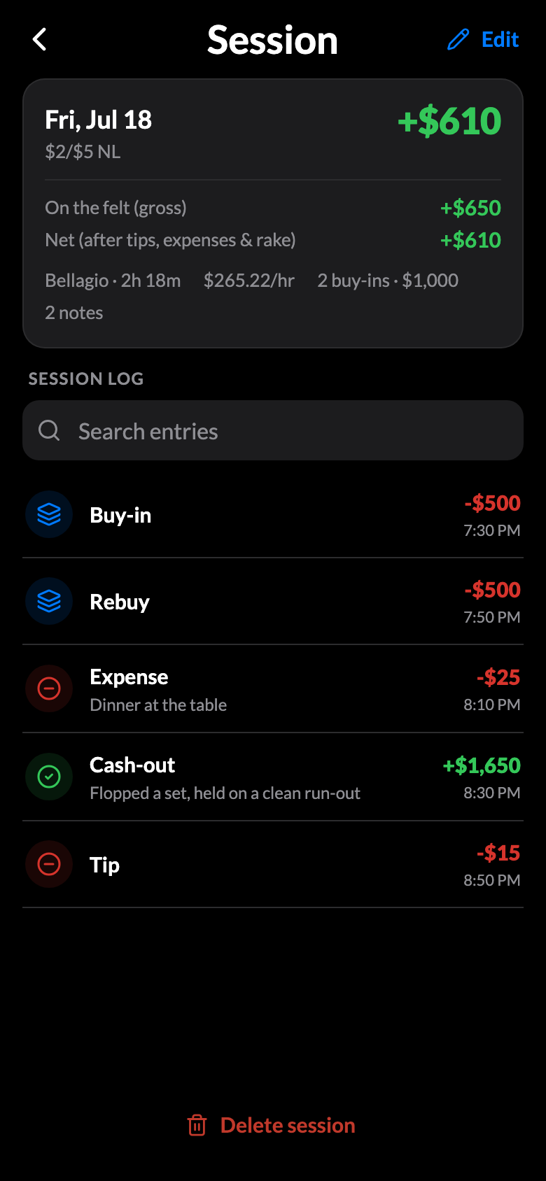 A saved session’s detail with its editable session log