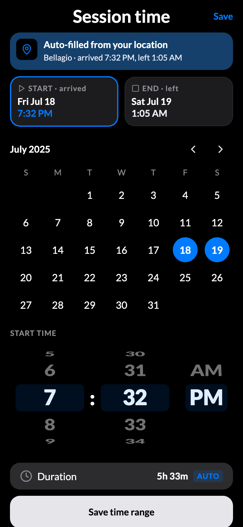 The session time picker for adjusting start and end times