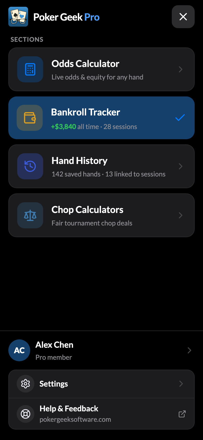 The menu of all four tools, each with live numbers