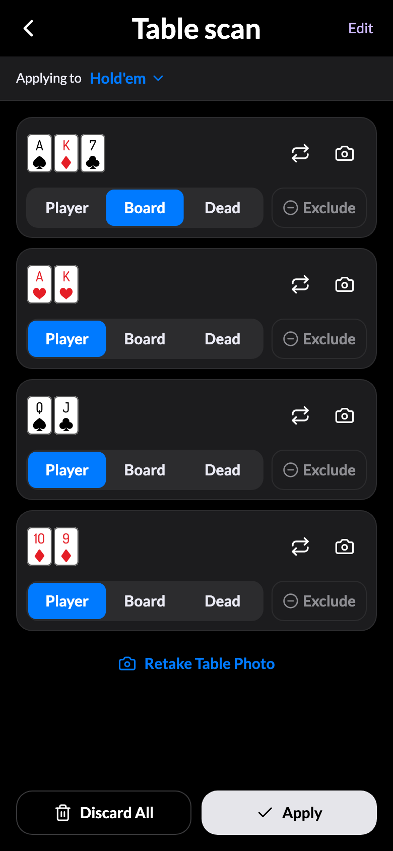 The Table scan review: the board and three hands read from one photo, with Retake Table Photo and Apply