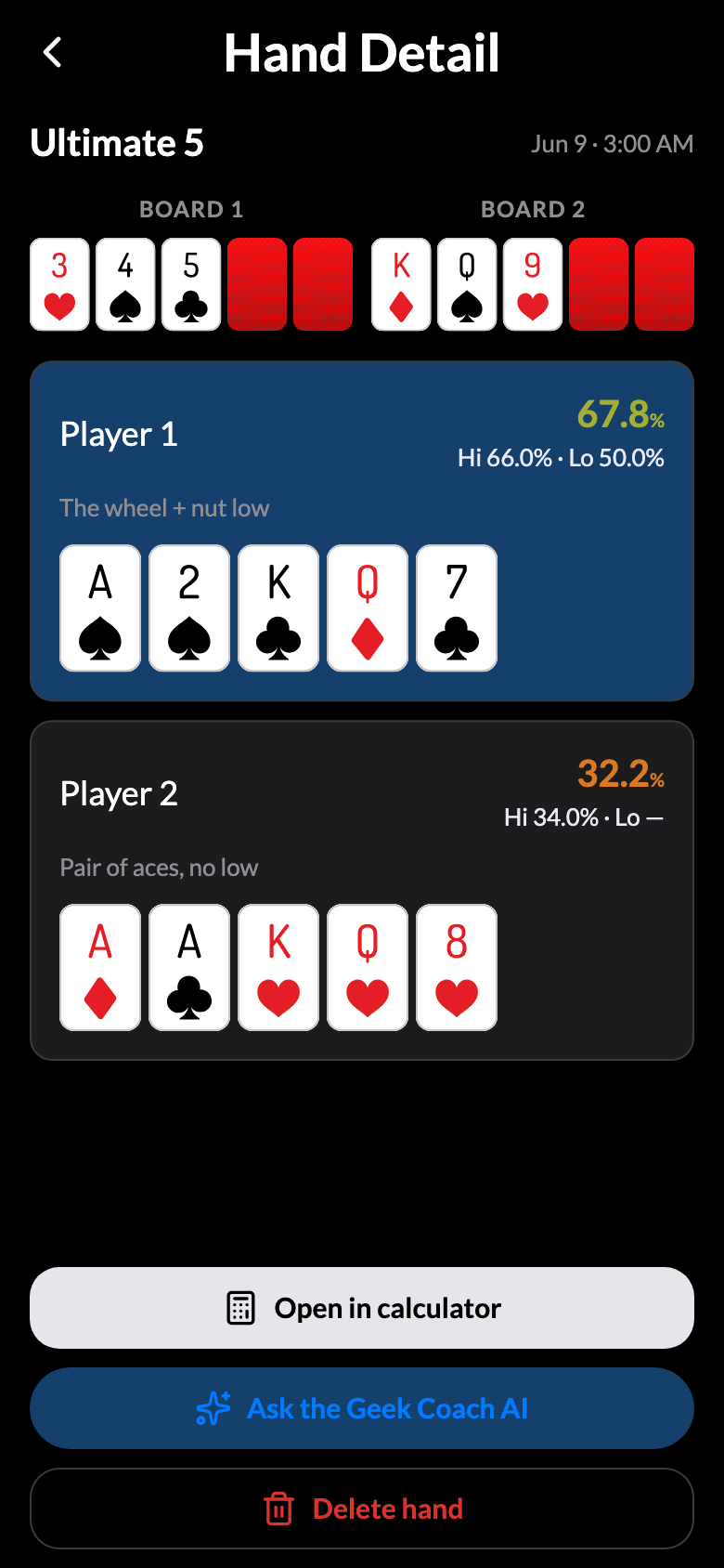 A double-board Ultimate Hi/Lo hand
